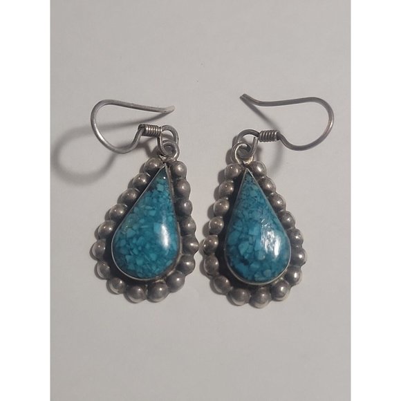 Sterling Silver Mexican 925 Turquoise Chip Earrings Teardrop Mex M2-19 Signed - Picture 1 of 8